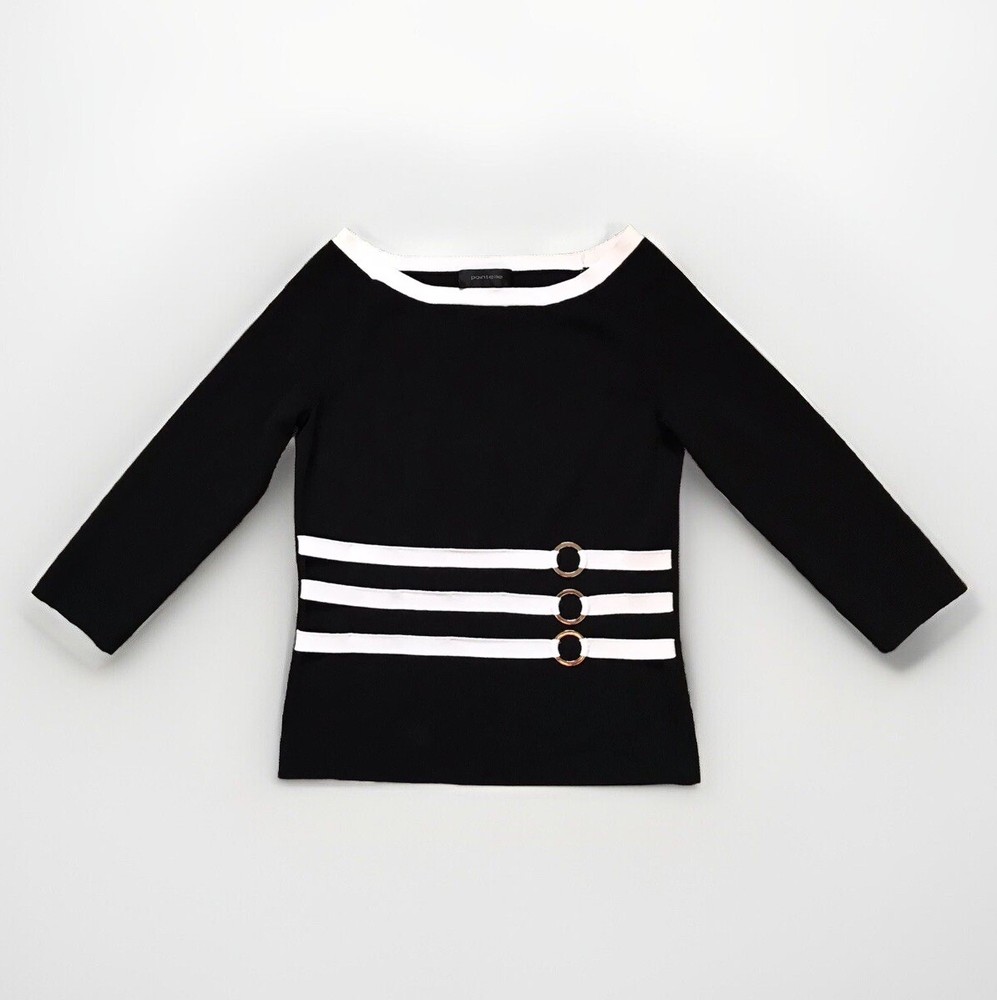 Pointelle Womens Black Boatneck Top with Contrast Detail 3/4 Sleeve Size S
