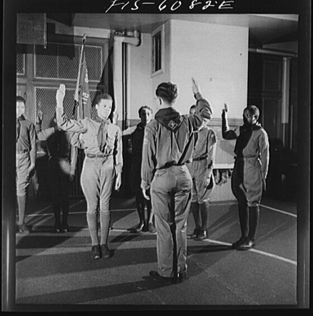 Photo:Boy Scout Troop Indoor Oath Ceremony 1940s Uniforms Flag