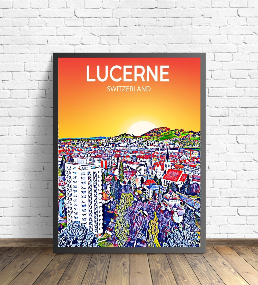 Lucerne Switzerland Art Poster Sunset Night Poster Art Print Lucerne City
