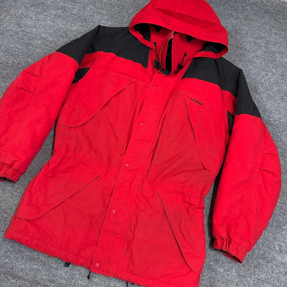 LL Bean Ski Jacket Men MT Red Black Vintage Insulated Parka Hood Outdoor *READ*