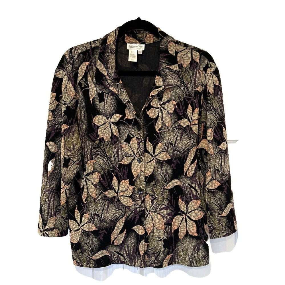 Coldwater Creek Button Up Blouse Womens Large Black Floral Long Sleeve Textured