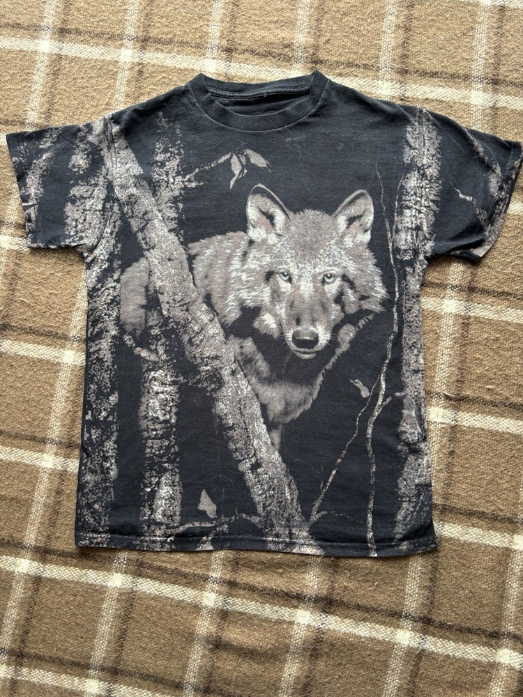 Men’s Medium Vintage Wolf T Shirt Black 90s No Tag - All Over Print