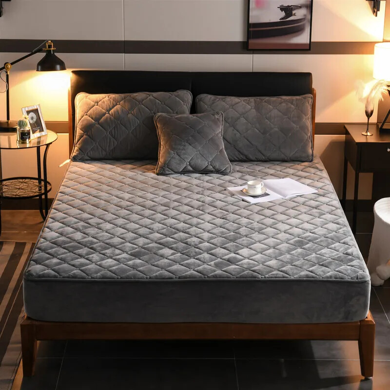 Coral FleeceThicken Quilted Mattress Cover Short Plush Quilted Bed Fitted Sheet