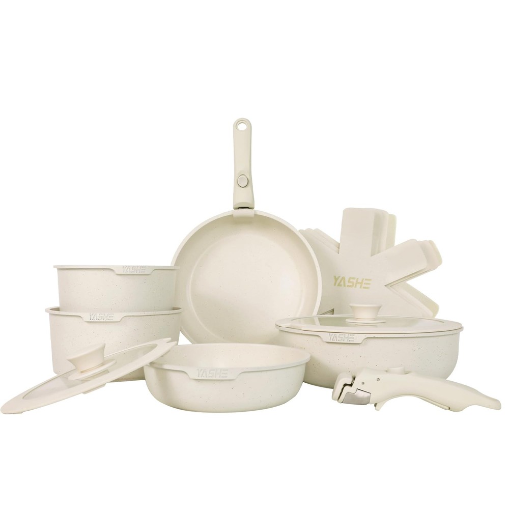 13-Piece Nonstick Granite Cookware Set with Detachable Handle for Easy Storage