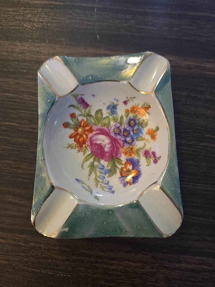 VTG Fern Porcelain Hand Painted Rectangular Floral Ashtrays Gold Trim