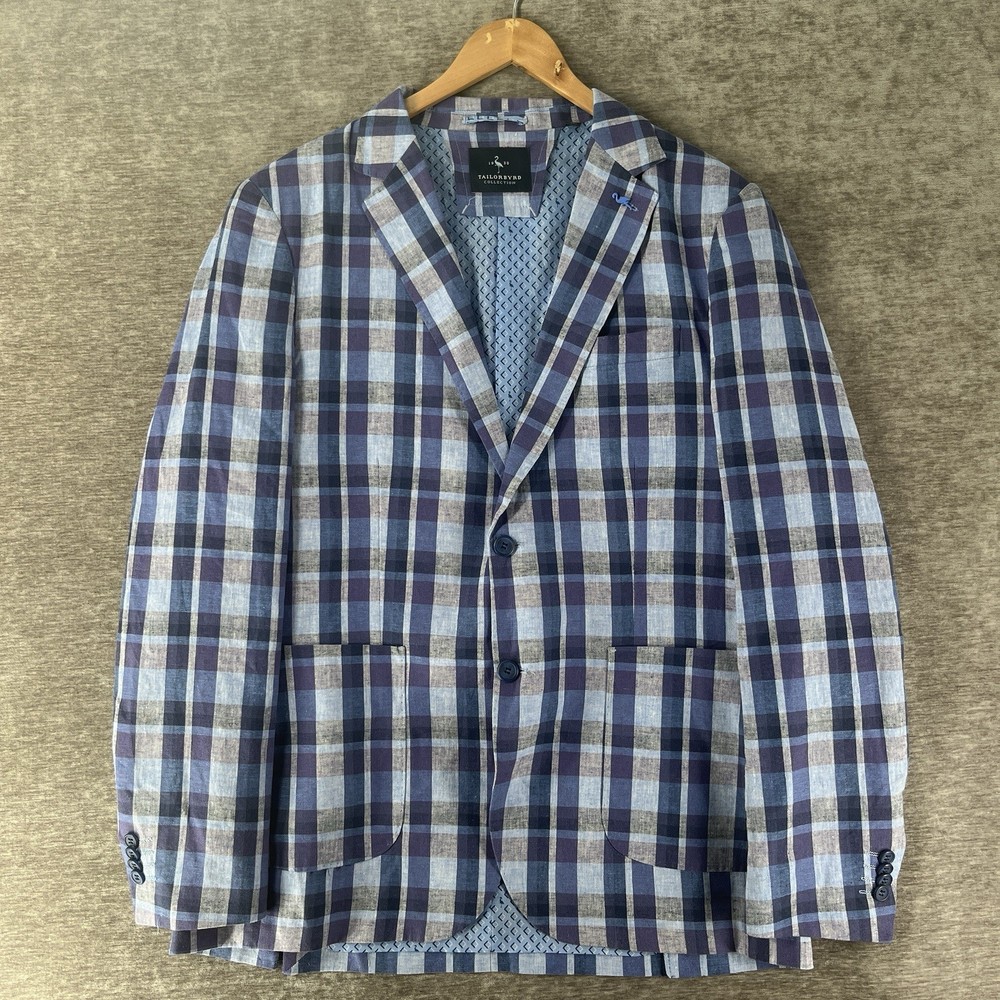 Tailorbyrd Men’s Size 42L Plaid Linen Cotton Blend Blazer Blue Windowpane