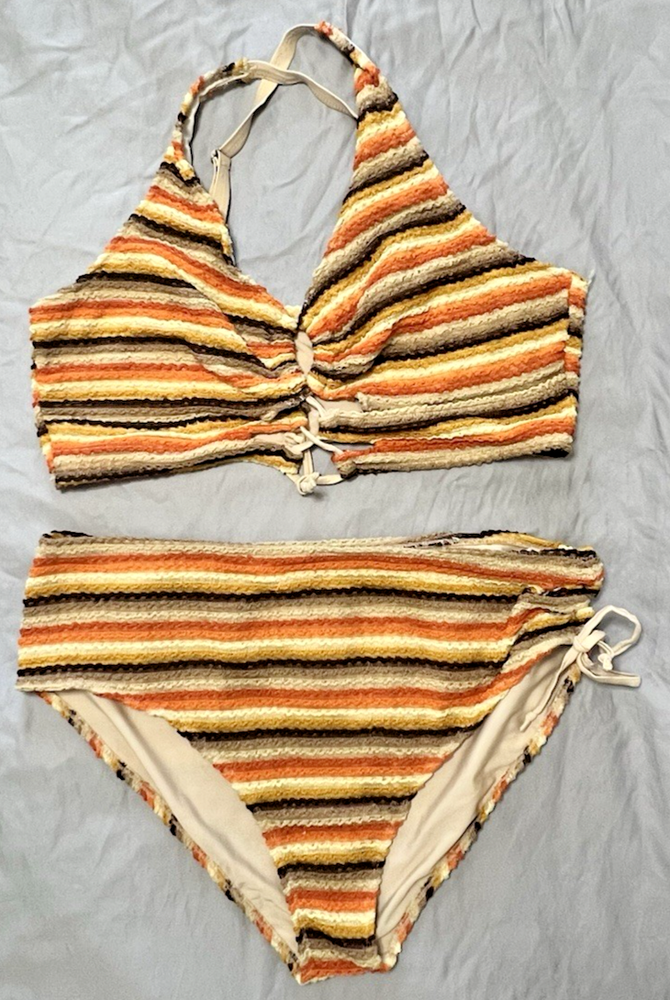 EUC SHEIN Plus 18/20 Crochet Bikini 2PC Boho Orange Brown Lined Swim Y2K