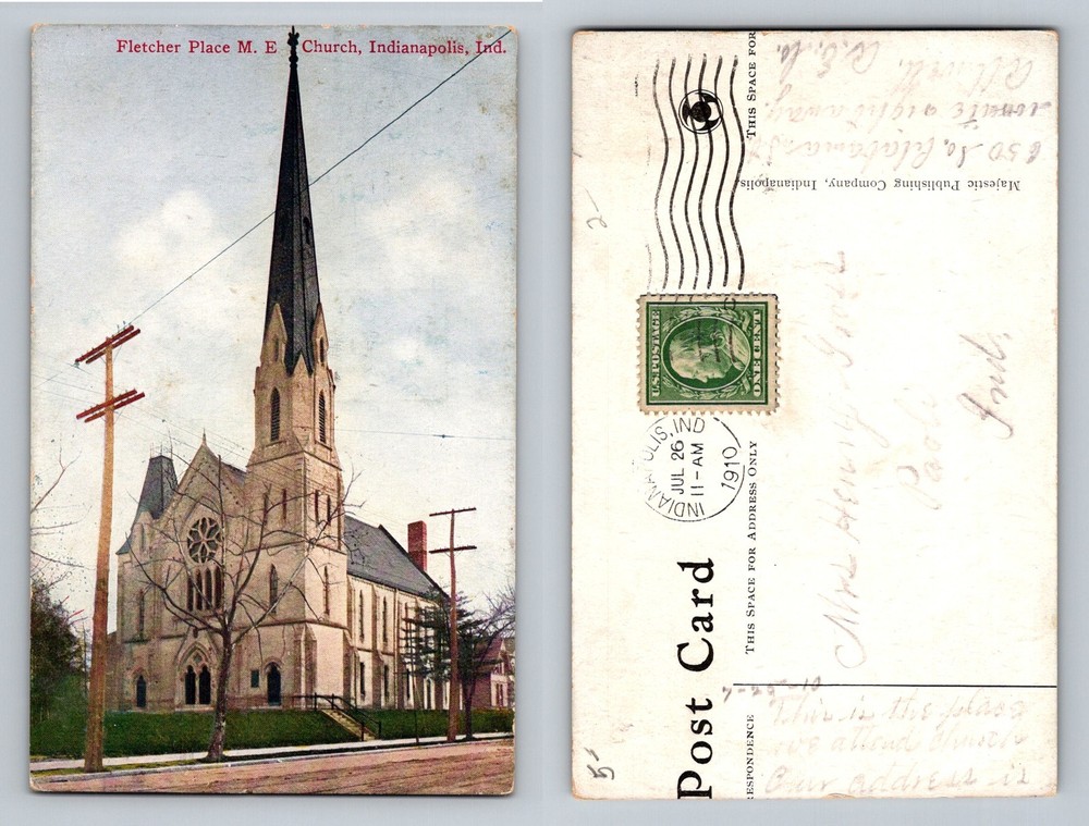 Indianapolis, IN-Indiana Fletcher Place ME Church Steeple Vintage c1910 Postcard