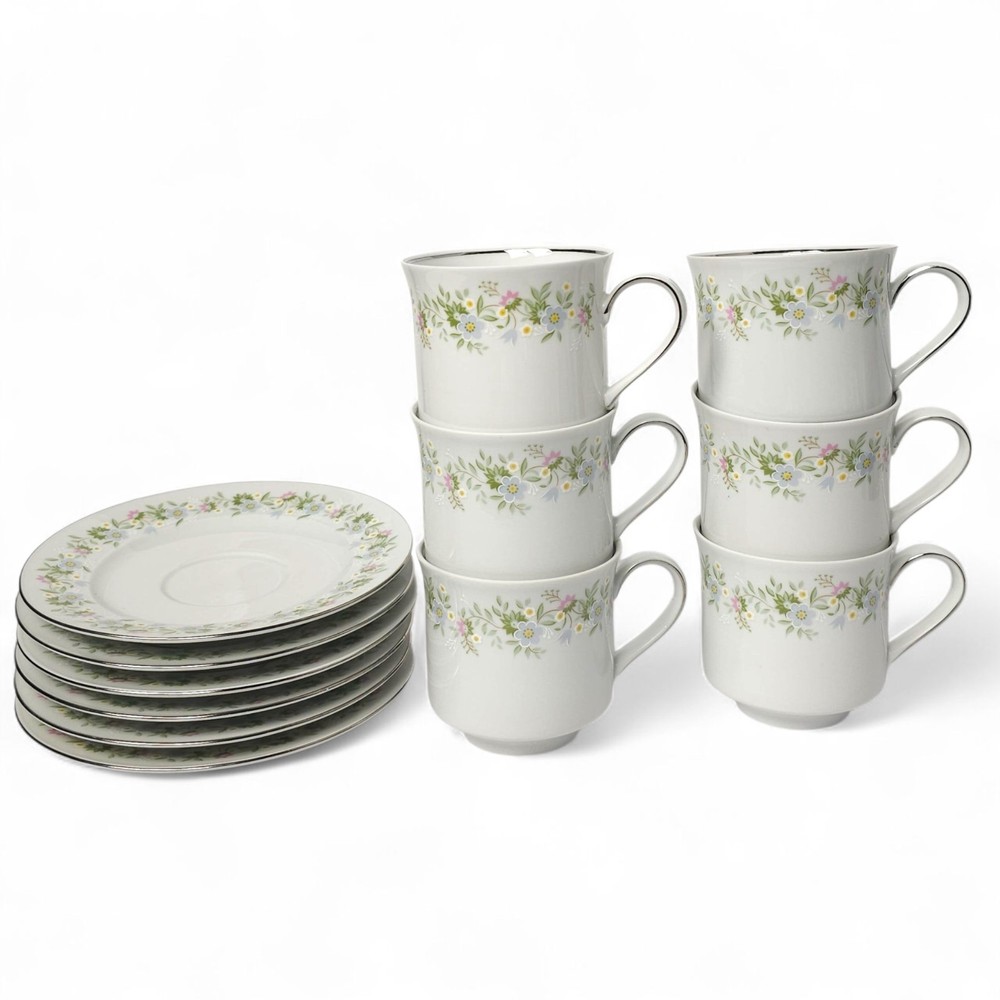 RARE Johann Haviland Forever Spring Cups Saucers Bavaria Germany Floral Silver