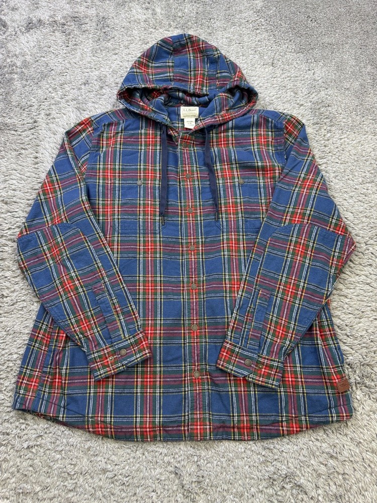 LL Bean Men's XL Scotch Tartan Plaid Hooded Flannel Shacket Slightly Fitted