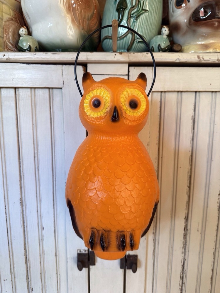 Blow Mold Halloween Orange Hanging Owl 14” Inches Union New Lighted