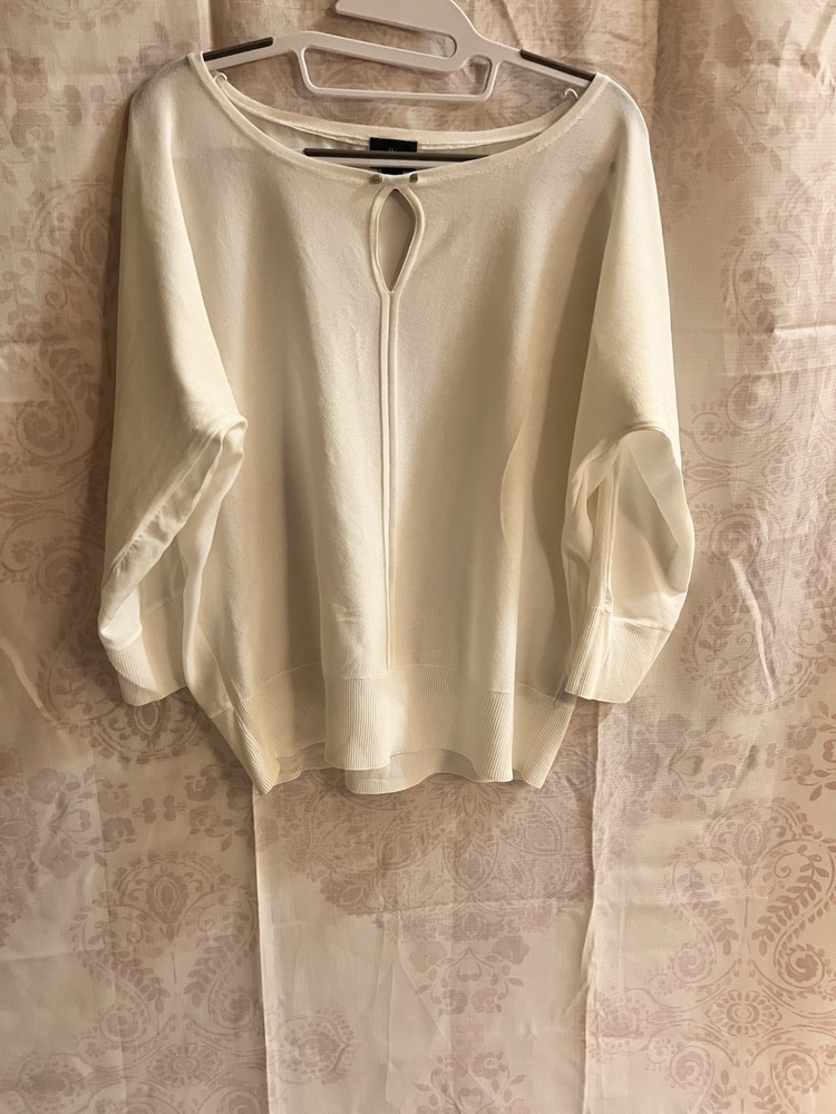 Worthington Women's Ivory Solid Chiffon Sheer Keyhole 3/4 Dolman Blouse L