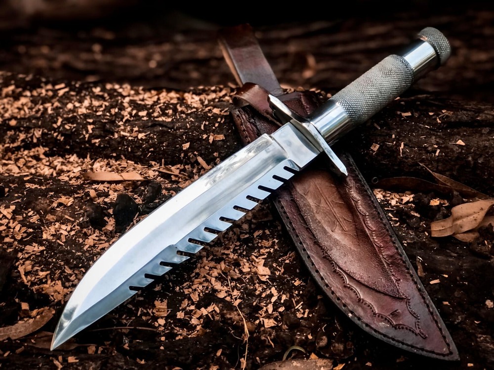 Handmade High Polish Stainless Steel Rambo Style Bowie Knife With Leather Cover