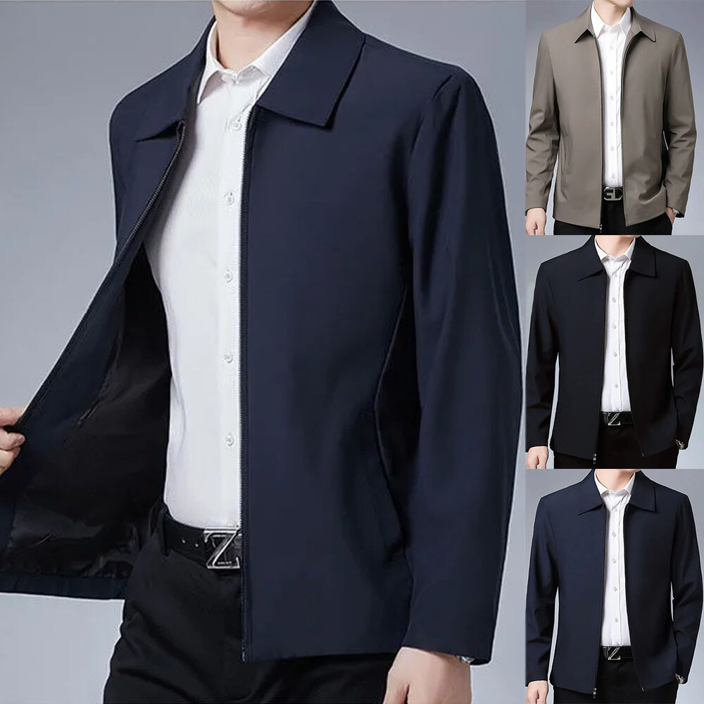 Men’s Turn-Down Collar Coat Jacket for Business Casual Autumn Spring Zipper Outerwear