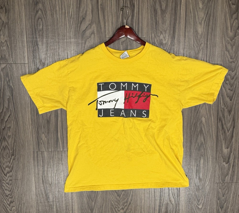 Vintage 90s Tommy Hilfiger Jeans T Shirt XL Big Logo Flag Spellout USA Made