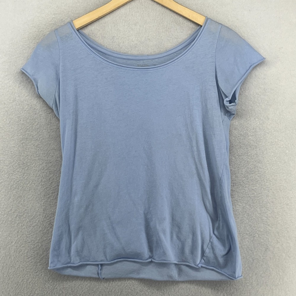 EILEEN FISHER Top M Fine Jersey Cotton Scoop Neck Raw Trim Cap Sleeve Blue