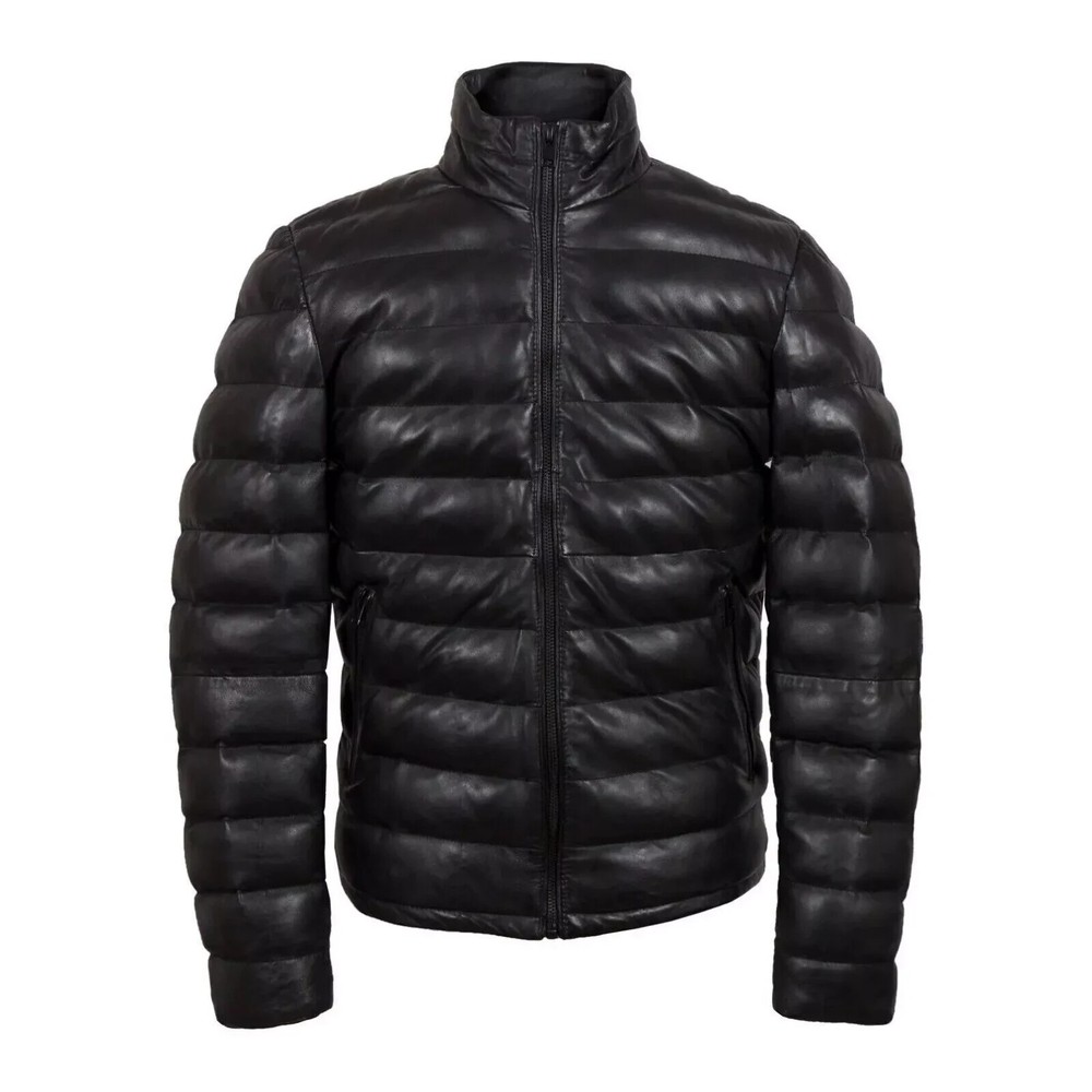 Men Genuine Leather Puffer Jacket Lightweight Winter Quilted Coat