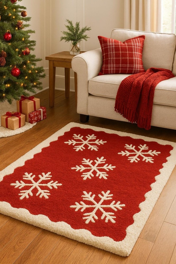 Christmas Red 100% Wool Rug with White Snowflakes | Hand-Tufted Wool Area Rug