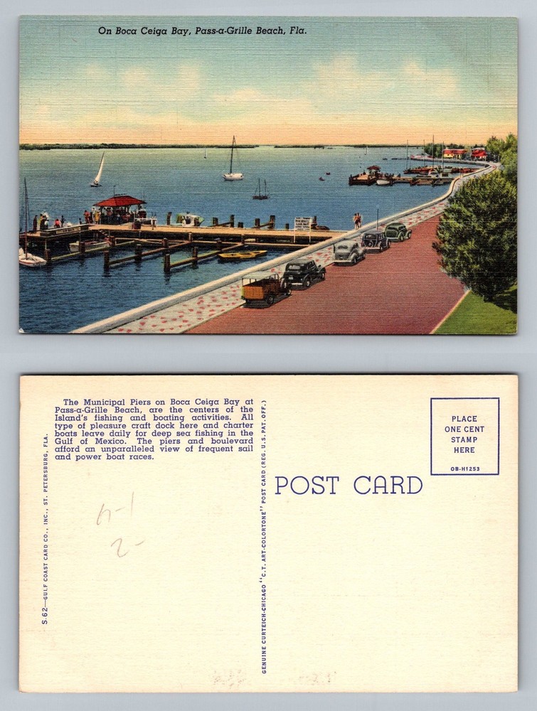 Pass-a-Grille, FL-Florida, Boca Ceiga Bay Municipal Piers Boats Vintage Postcard
