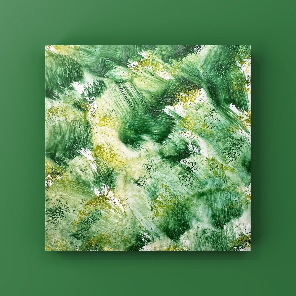 Abstract green miniature oil painting Modern contemporary greenery art Ukraine