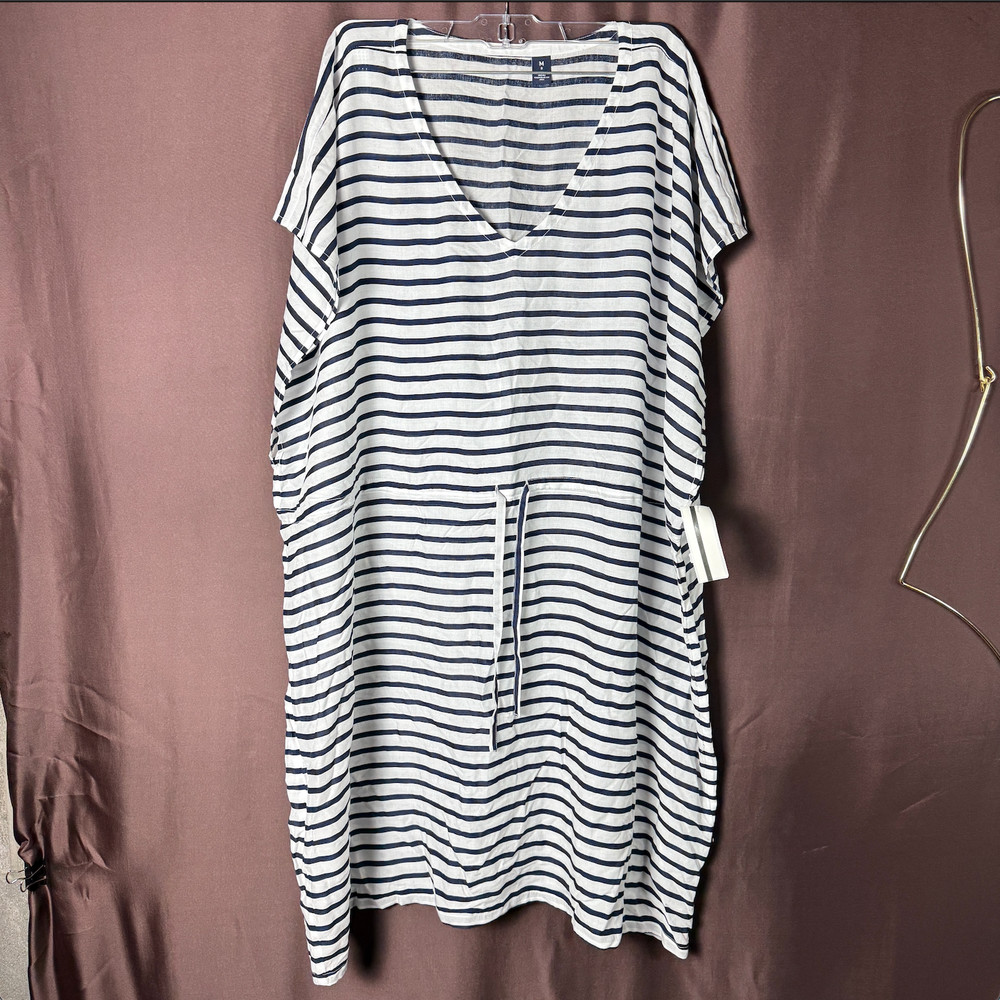 Lands' End Women's M LONG Short Sleeve Gathered Waist Swim Cover-up Dress