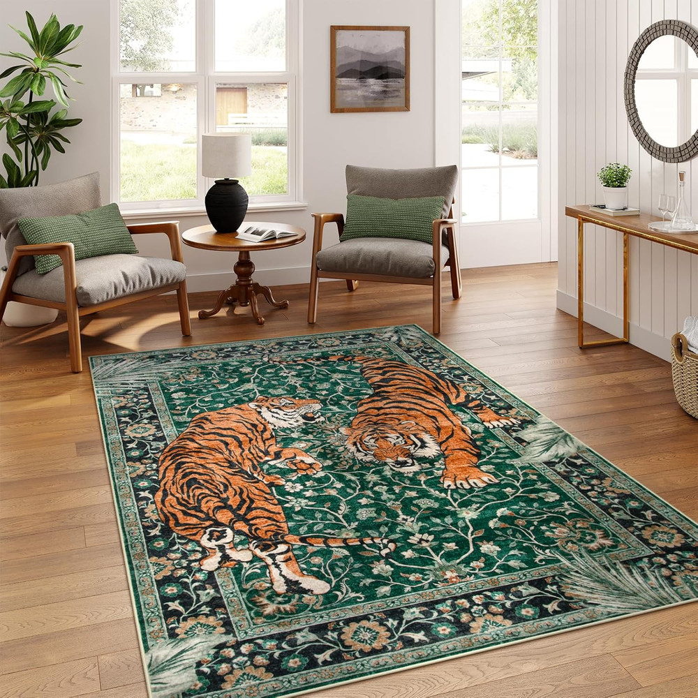 Tiger 5X7 Area Rug, Boho Washable Living Room Rug, Non Slip Green Rugs for Bedro