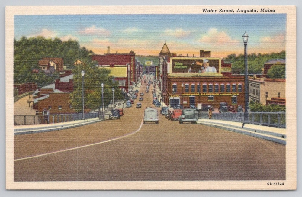 Vintage Linen Postcard Water Street Augusta Maine 1930s-40s Cars