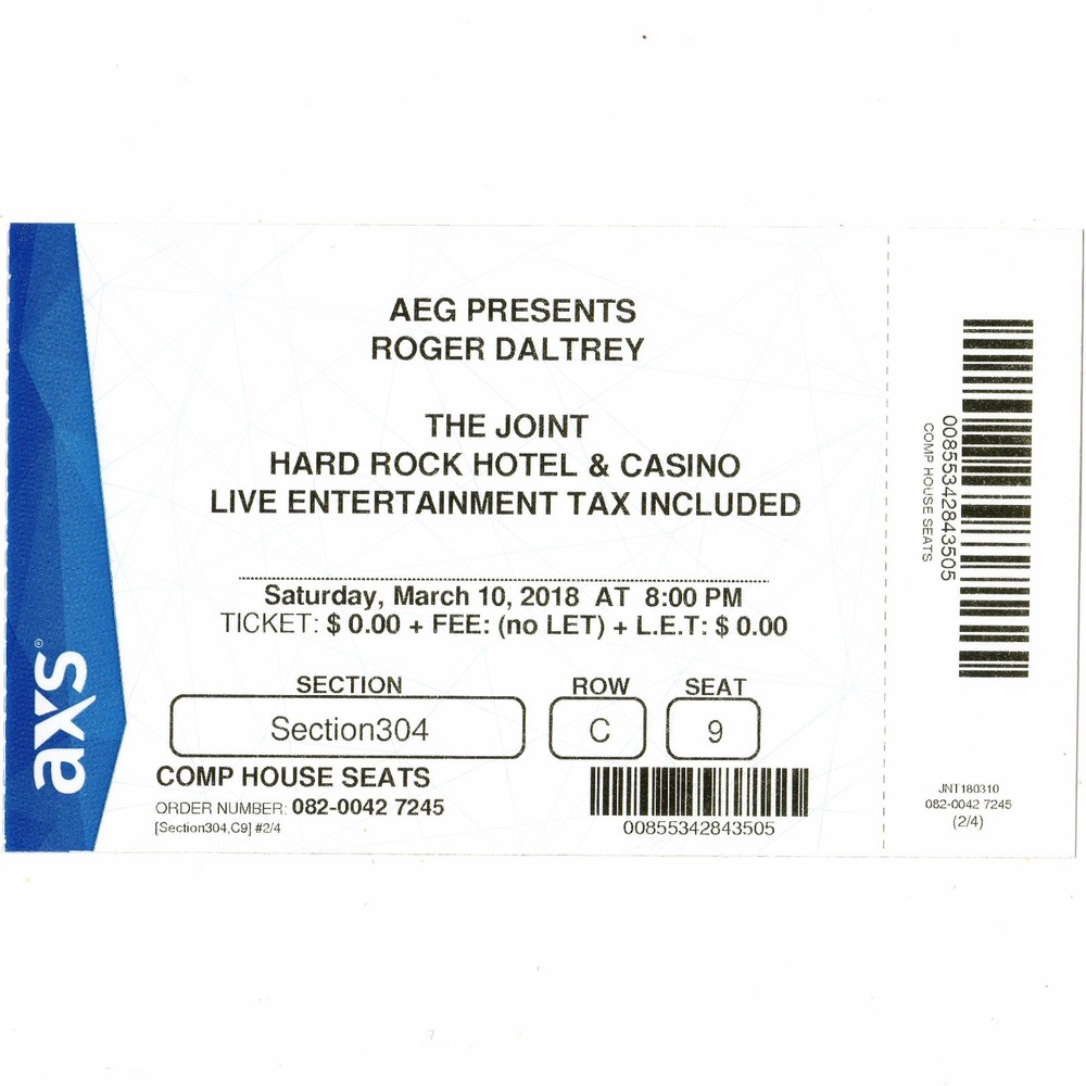ROGER DALTREY Concert Ticket Stub LAS VEGAS NV 3/10/18 HARD ROCK JOINT THE WHO