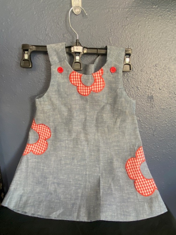 Size 4-Handmade-Dainty Little Girls Blue Summer Dress with Red Floral Designs