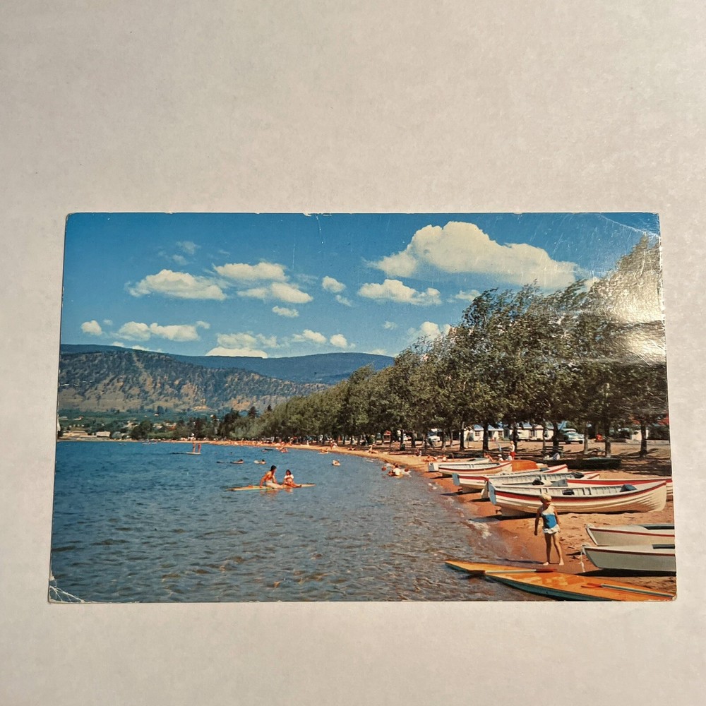 Okanagan Lake Beach Scene Penticton BC Vintage Postcard British Columbia Canada