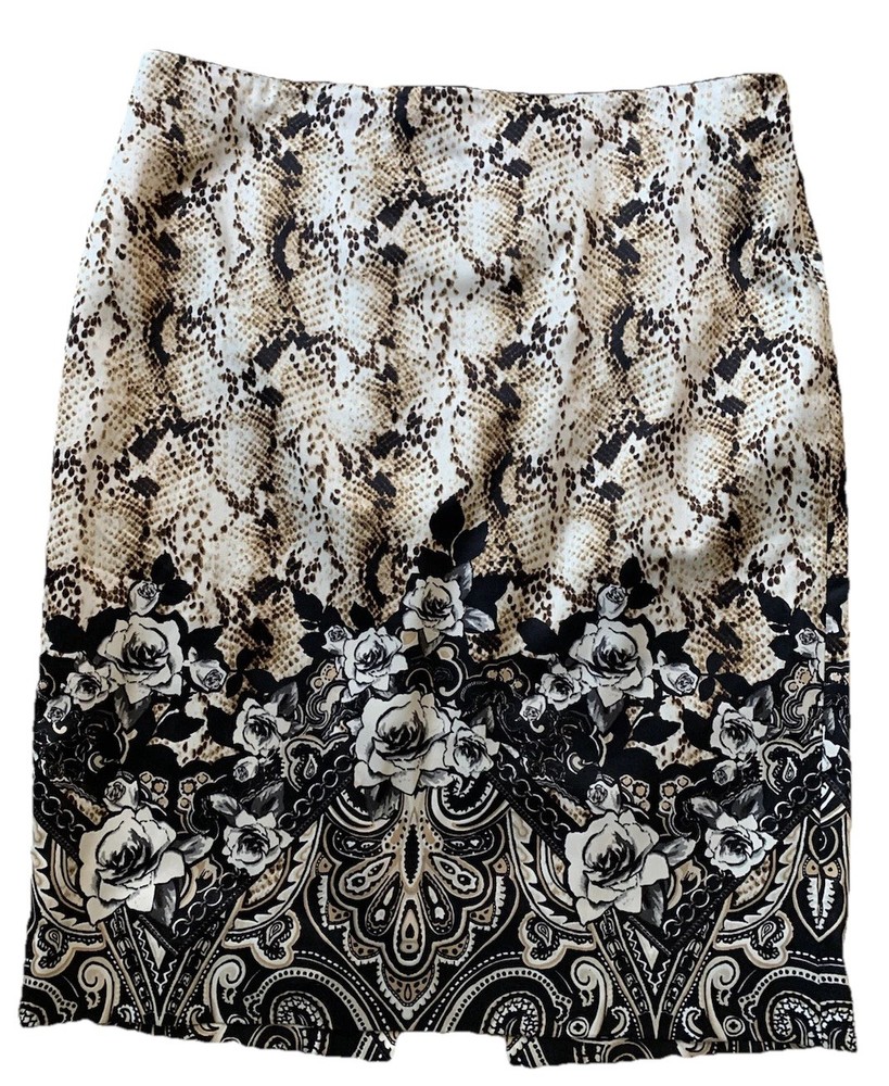 House black market woman’s 10 Brown reptile floral pencil knee Length skirt #M