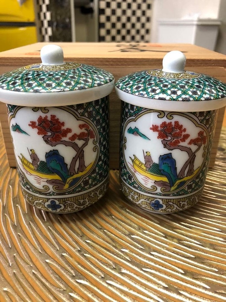 Kutani Ware Kutani Seiko Couple Teacups with Lid Blue  Unused