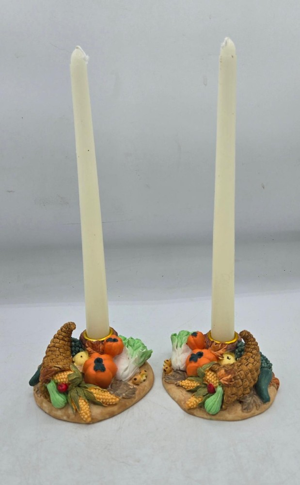Set of 2- Vintage Thanksgiving Cornucopia Harvest Taper Candle Holder Resin