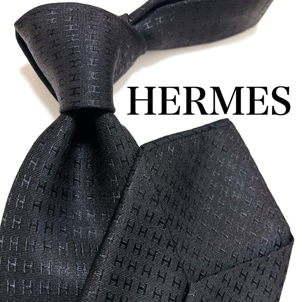Authentic HERMES Black H Logo Jacquard Silk Tie Luxury Designer Men's Formal