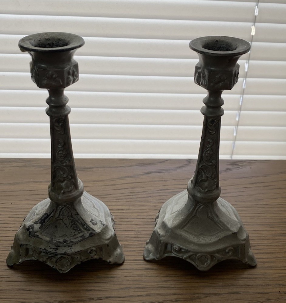 Set Of Two Metal Candlesticks Possibly Vintage/MCM Ornate Design Approx. 6” Tall
