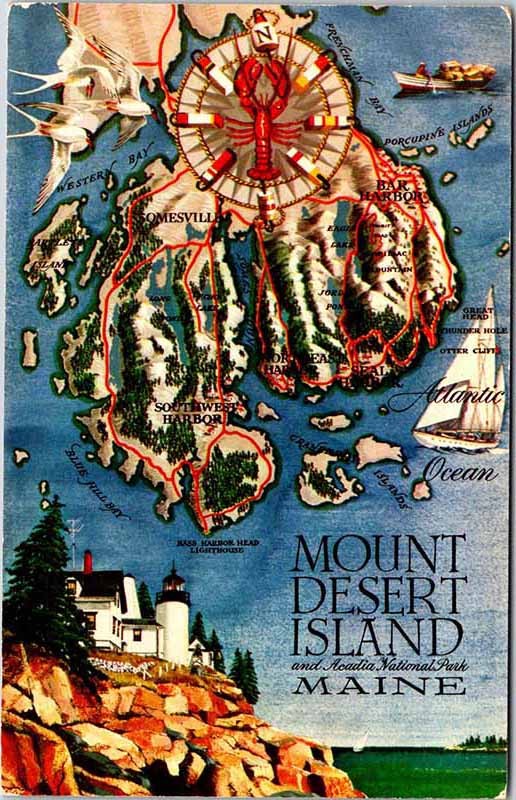 Postcard MAP SCENE Mount Desert Island Maine ME m/09 AL5074