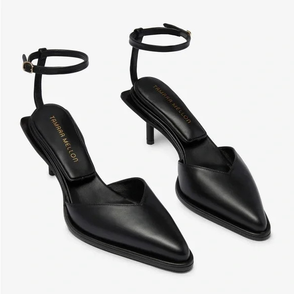 TAMARA MELLON Desire 65 Pillow Top Black Pointed Toe Ankle Strap Heels Sz 39.5