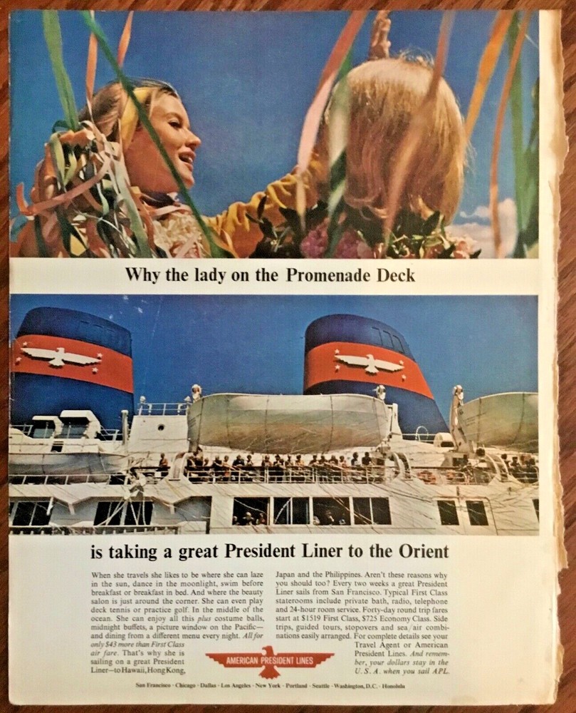 Amer. President Cruise ship Orient print ad 1965 vintage art retro 1960s travel