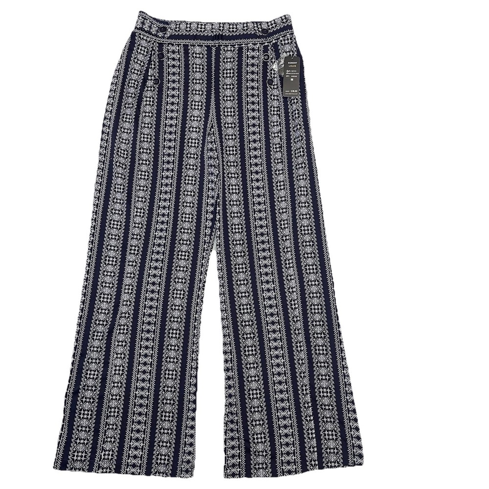 New Robert Louis Palazzo Pants for Women - M Size, Wide Leg with Pockets, Navy Blue Boho Abstract Print-image