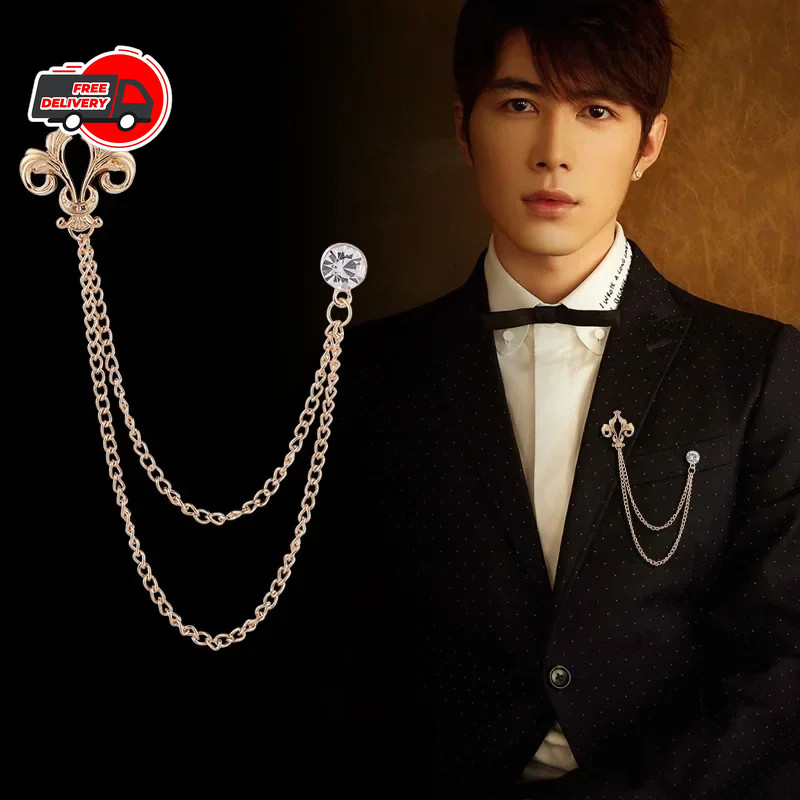 High-end Crystal Tassel Chain Brooch Pins Men Suit Corsage Vintage Rhinestone