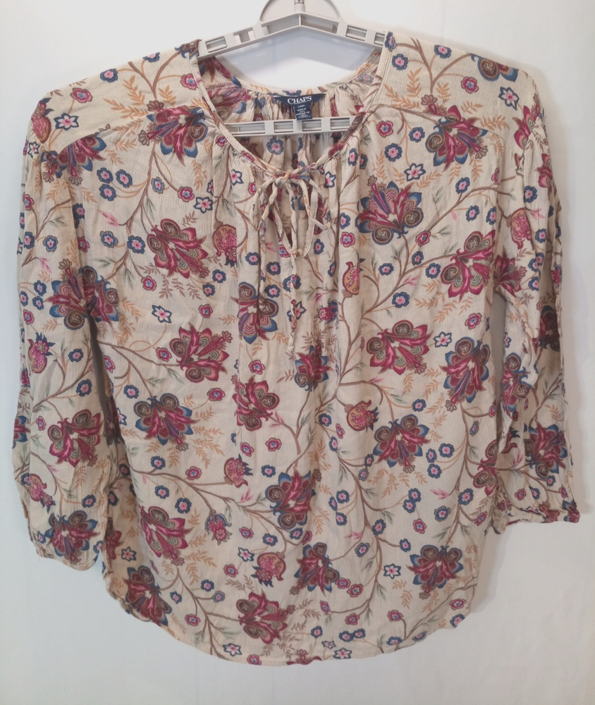 Chaps Split Neck Tie Front Women's Peasant Blouse Top, Large, Floral, Boho