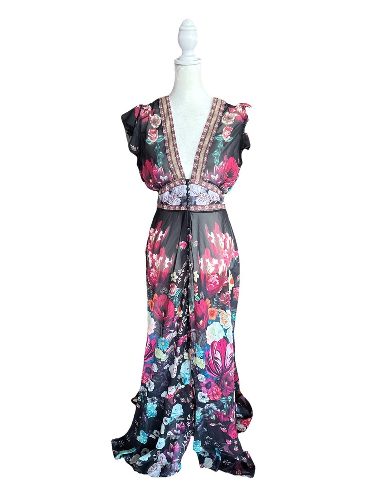 NWOTs Dalia Macphee Black Floral Print Maxi Dress Ruffle Hem Chic & Sheer Size M