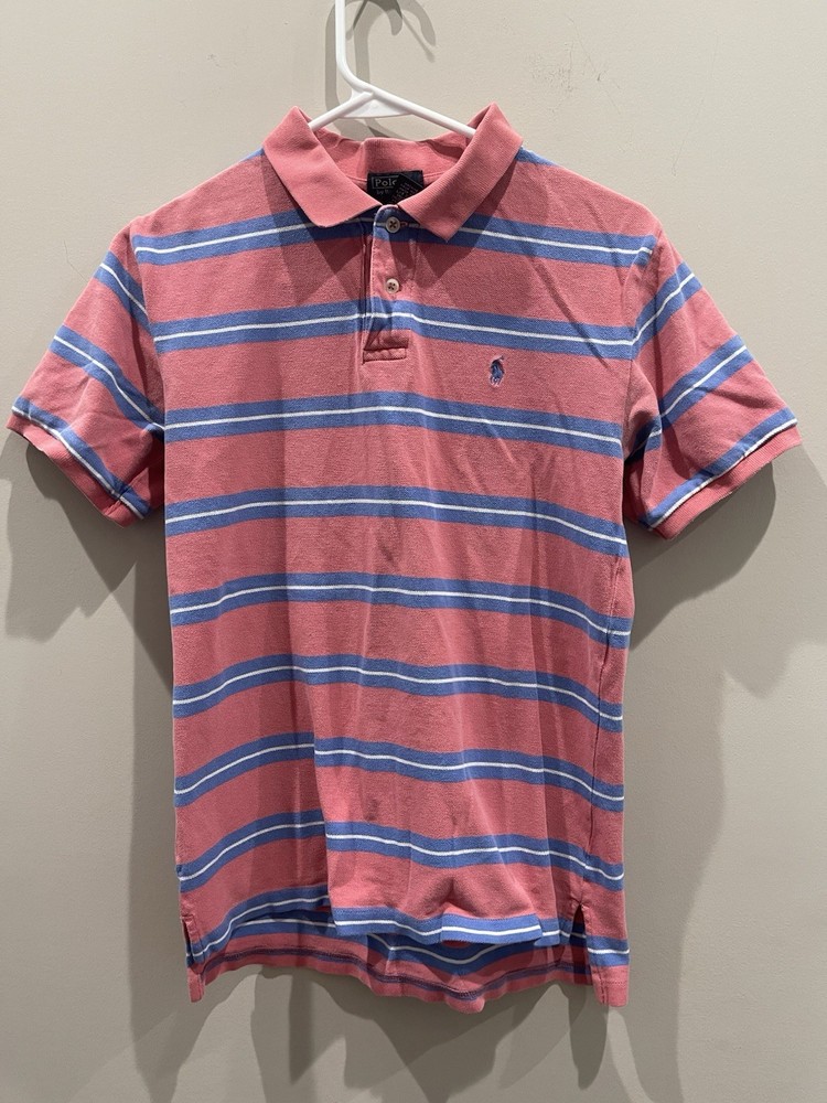 Polo Ralph Lauren Shirt Boys Large 16 18 Blue Pink Striped Short Sleeve Cotton