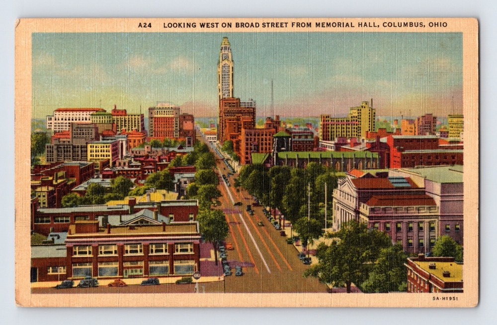 Postcard Ohio Columbus OH Broad Street Downtown Aerial 1940s Unposted Linen