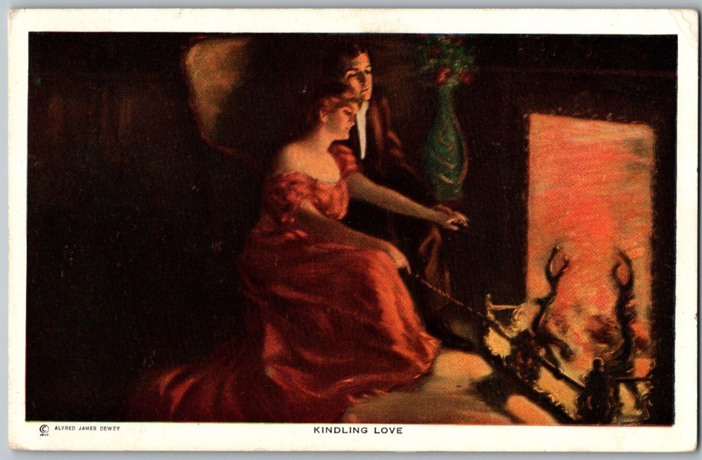 1909 Kindling Love Couple by Fire Alfred James Dewey Unposted Vtg Postcard