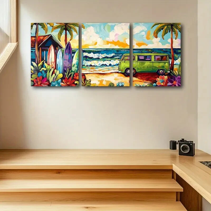 3pcs Surf Van & Palm Trees Metal Wall Art Ready to Hang