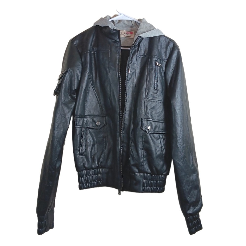 Fly By Night Bomber Jacket Womens Large Black Faux Leather Layered Gray Hood