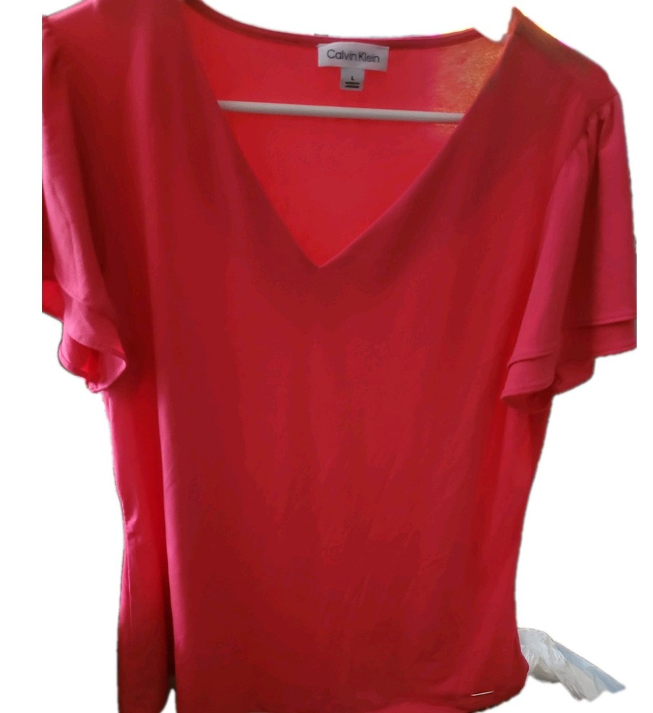Calvin Klein Pink V-Neck Ruffled Flutter Sleeve Short Sleeve Women’s Top Size L