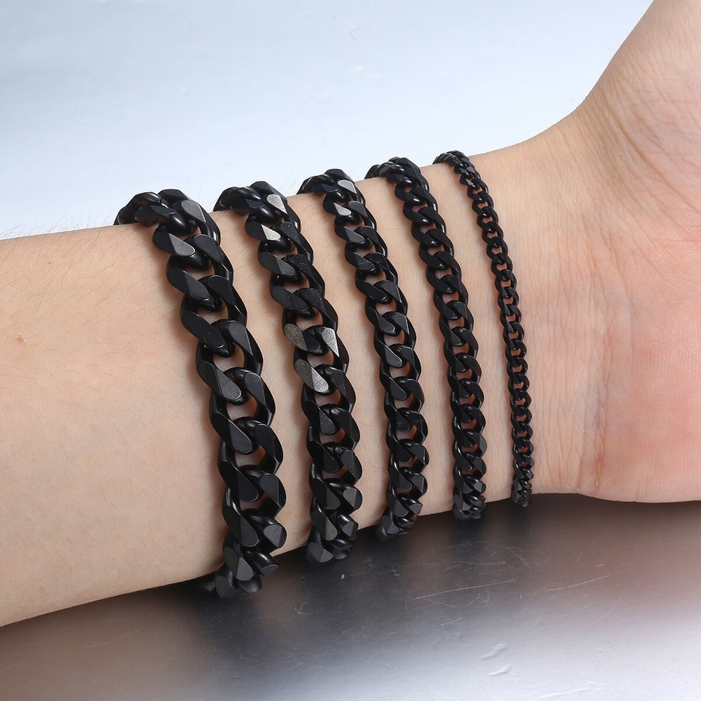 3/5/7/9/11mm Black Stainless Steel Curb Cuban Link Bracelet Mens Chain 7-11