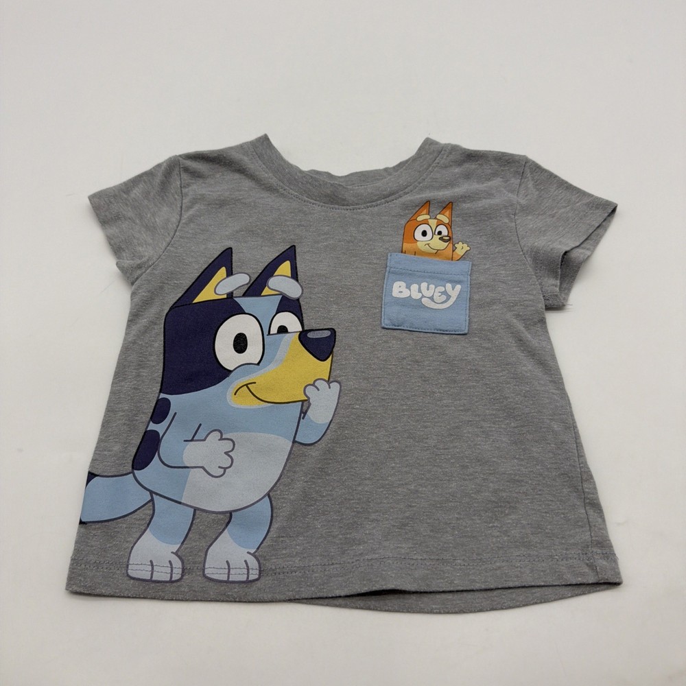 Bluey T-shirt Toddler Girls Size 12M Gray Graphic Print Pocket Logo.#43351